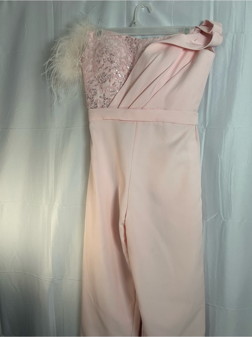 One-Shoulder Pink Jumpsuit with Sequin & Feather Detail P2P is 16” & IS is 30”